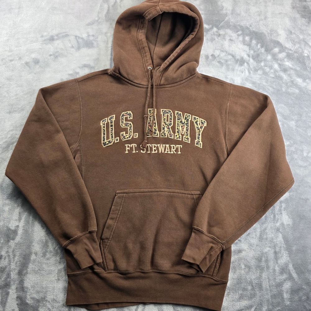 US ARMY Sport Hoodie Mens XS Brown Ft Stewart Camo Graphic Pro-Weave Sweatshirt